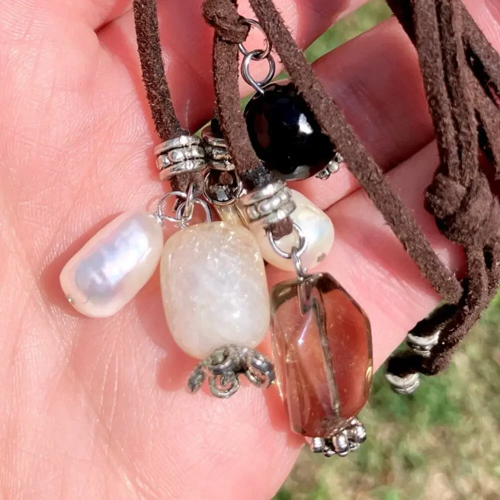 VTG Gemstone Freshwater Pearls Long Necklace Spinel Quartz Tourmaline Suede Boho